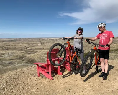 Jeff and Bonnie Wearmouth biking at Grasslands National Park, Saskatachewan.